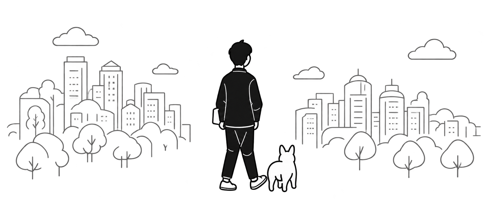 街並みの中に立つ人物と犬